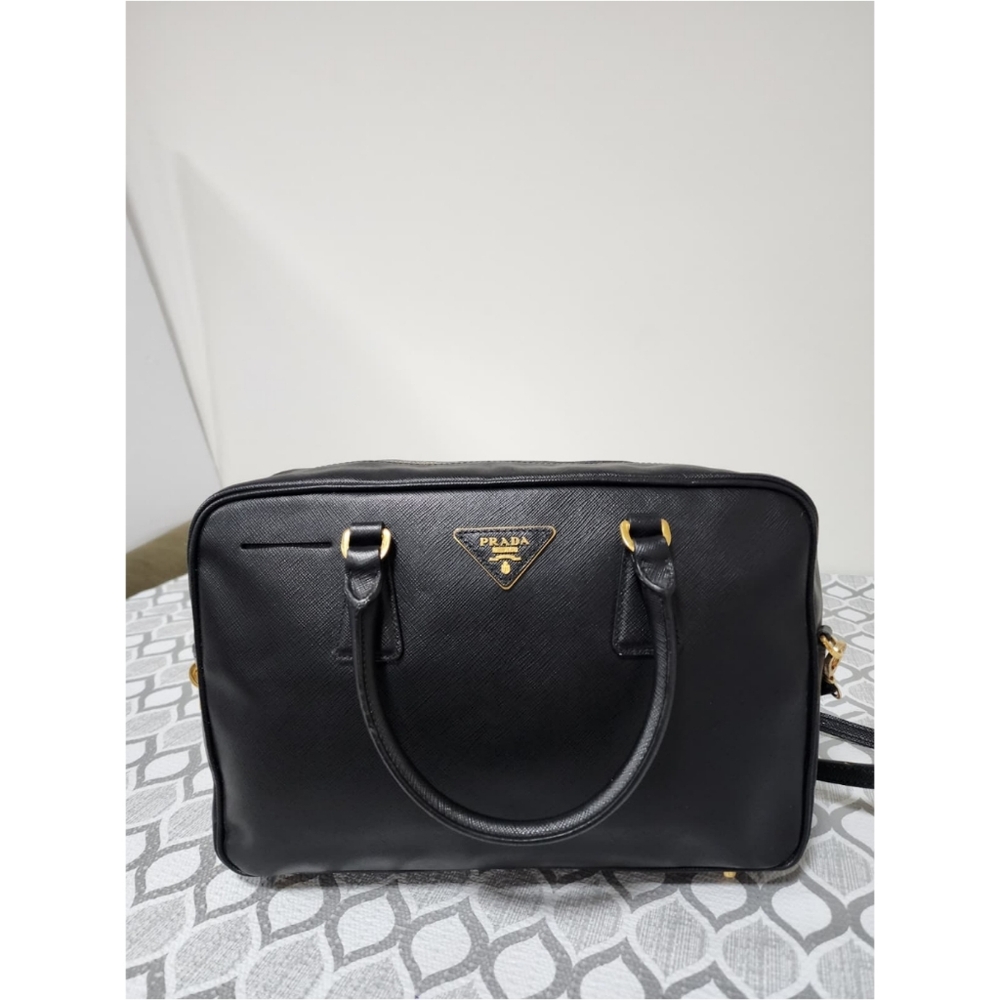 PRADA Saffiano Lux Leather Top Handle Bauletto Bag Black - Picture 11 of 16